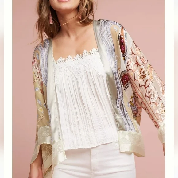 Anthropologie Floreat Boho Paisley Patchwork Kimono One Size Velvet Silk Blend - Picture 3 of 10